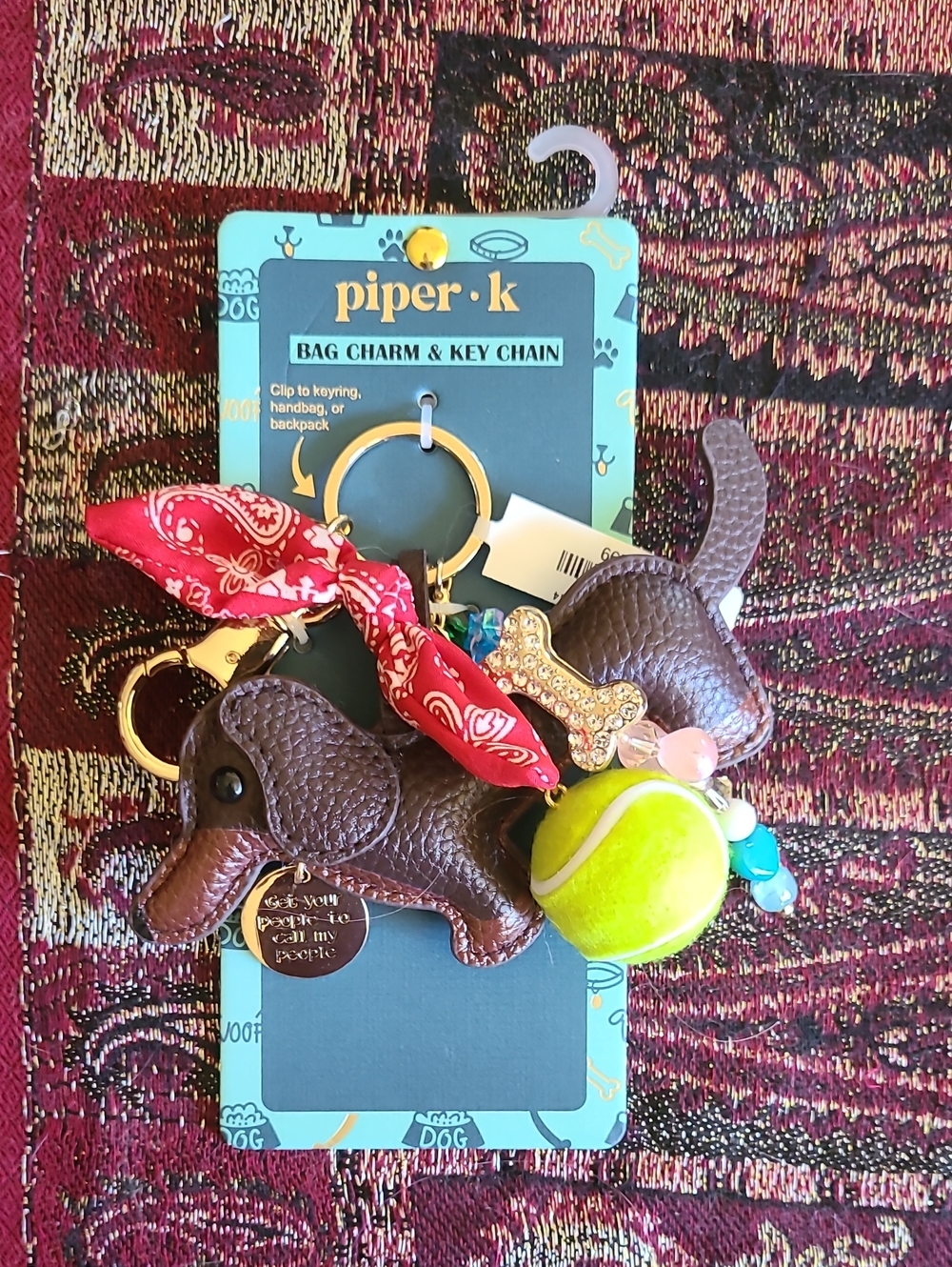 Piper·K Brown Dachshund Bag Charm with Red Bandana and Yellow Tennis Ball